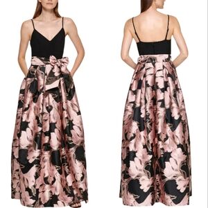 Nwot Eliza J Black Jersey Top Metalic Pink/Gold/Black Floral Ball Gown Skirt w…